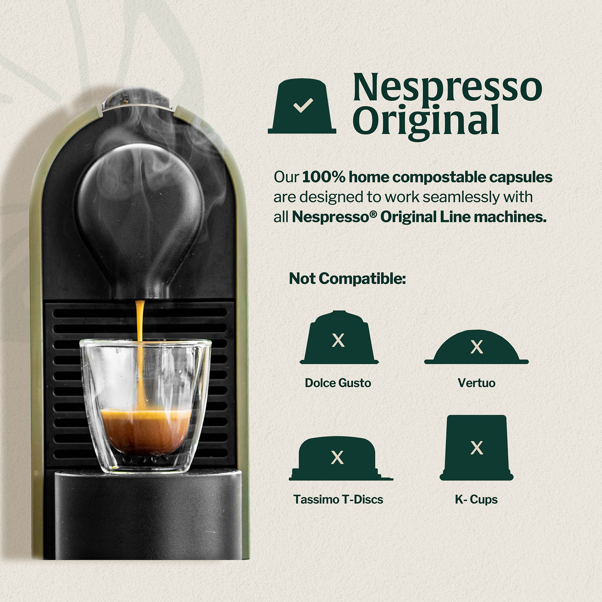 Artizan compostable coffee capsules compatible with Nespresso Original Line machines, not compatible with Vertuo, K-Cups, Dolce Gusto, or Tassimo.