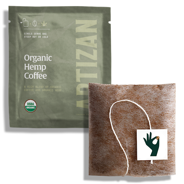 Organic Hemp Coffee Single (1 Brew Bag) by Artizan Coffee Roasters, organic single brew bag in green packaging with USDA Organic seal