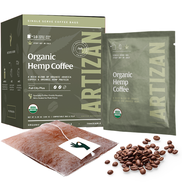 Organic Hemp Coffee Sachets main image with the t-bag