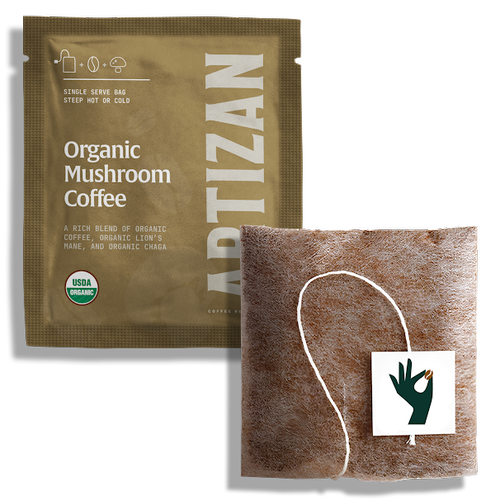Sample – Organic Mushroom Coffee Single (1 Brew Bag) (100% off) Artizan Coffee Roasters coffee brew bag kraft brown, USDA single serve