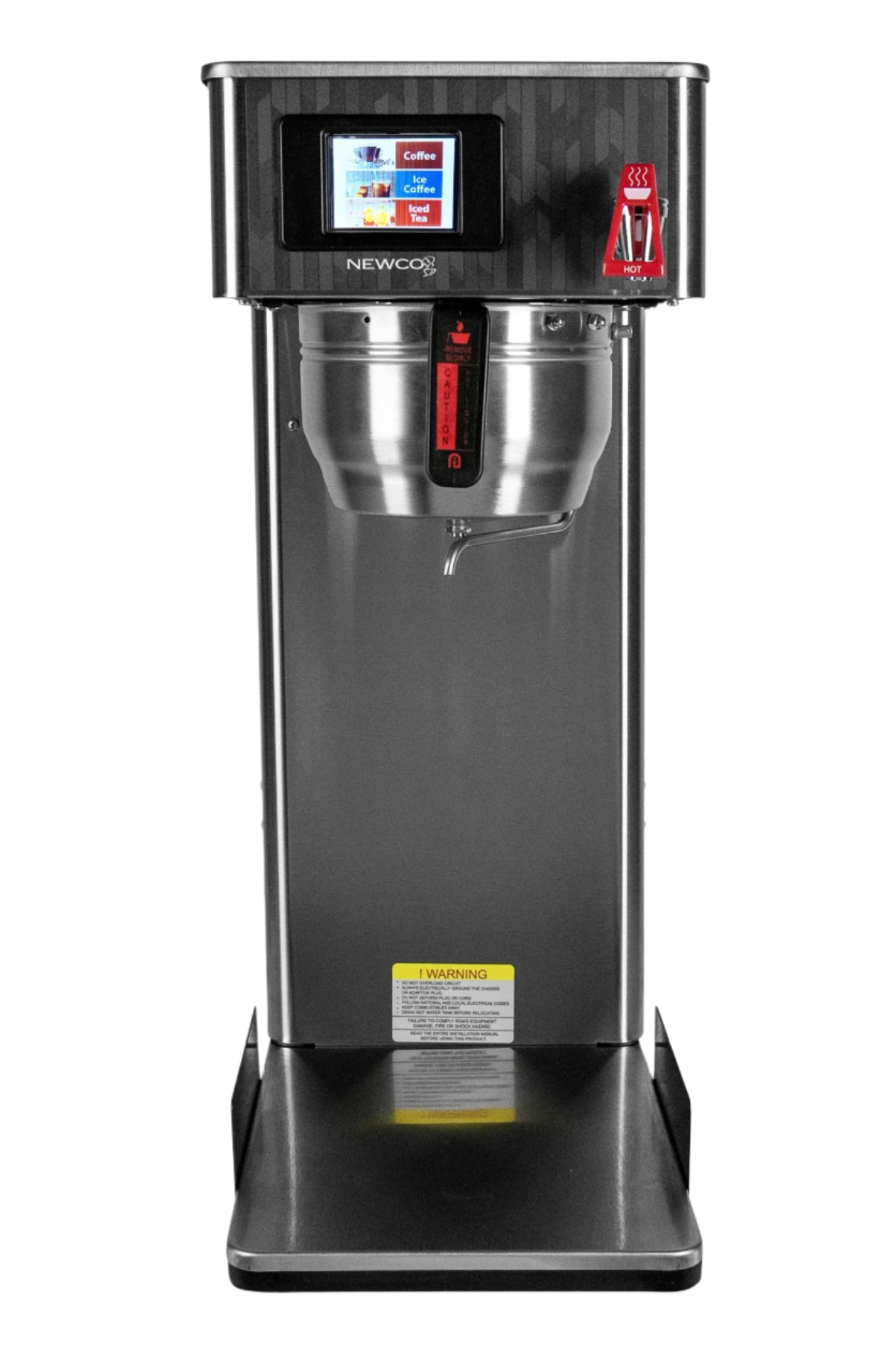 Close-up of Newco Profiler Batch Brewer stainless steel exterior with focus on sleek front panel, visible touch controls, thermal urn compartment, and robust brushed-metal design for commercial batch brewing.