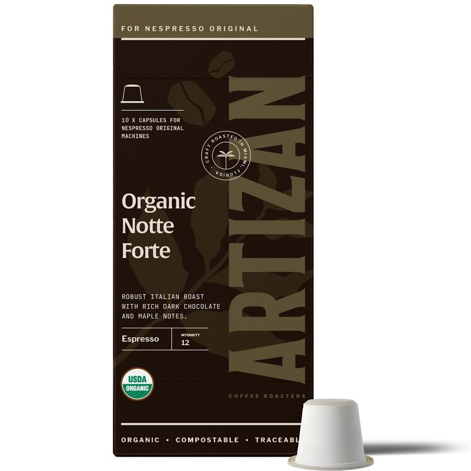 Image of Organic Notte Forte Nespresso Pods for Original Machines with Capsule Beside It. 