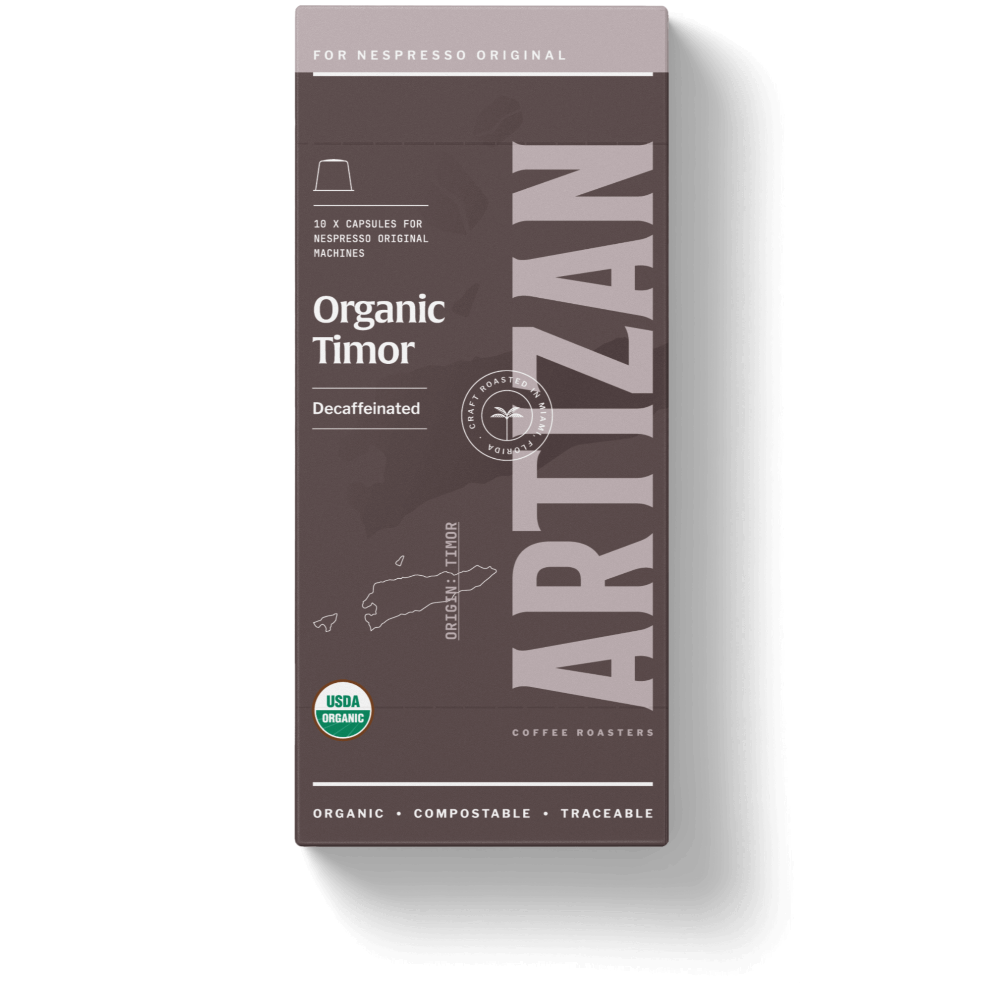Front Image of Organic Timor Decaf Nespresso Original Home Compostable Capsules. 