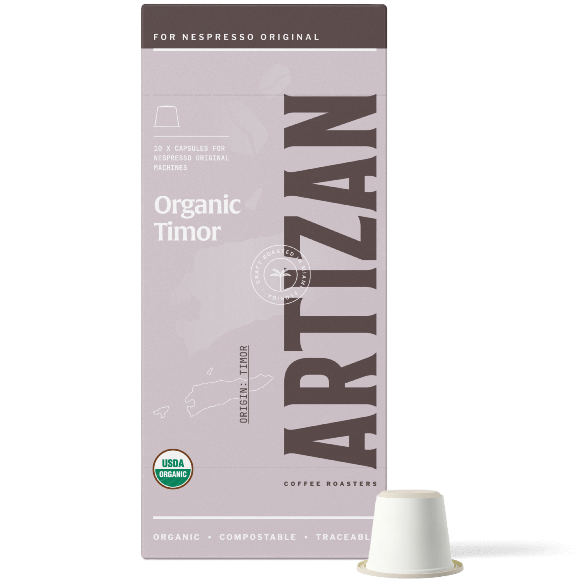 Image showing the front of the Organic Timor Nespresso-compatible compostable pods packaging by Artizan Coffee Roasters, with a single coffee capsule placed beside the box.