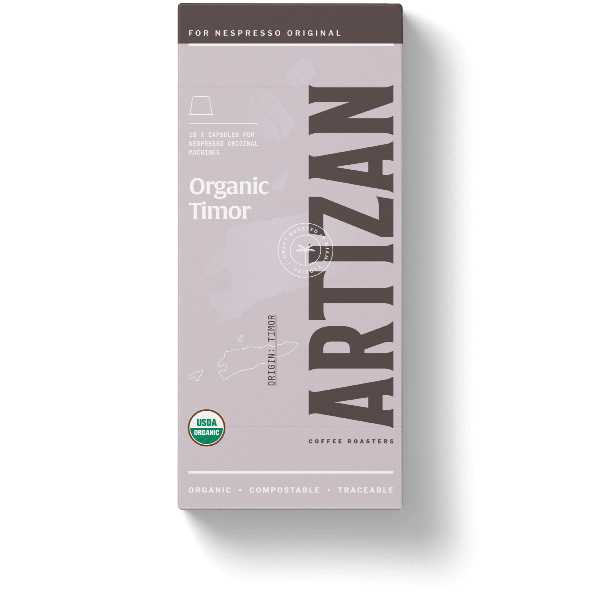 Image showing the front of the Organic Timor Nespresso-compatible compostable pods packaging by Artizan Coffee Roasters.