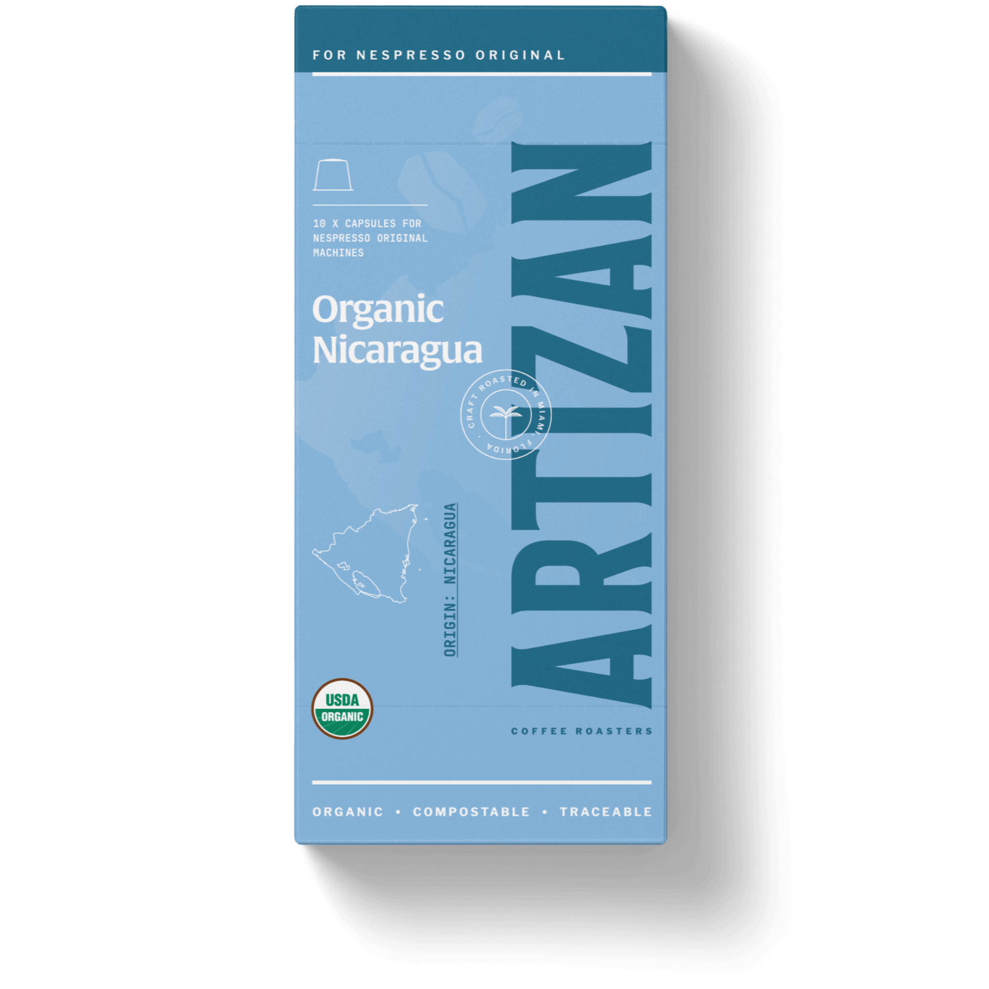 Front Image of Organic Nicaragua Single Origin Home Compostable Pods for Nespresso Original Machines.