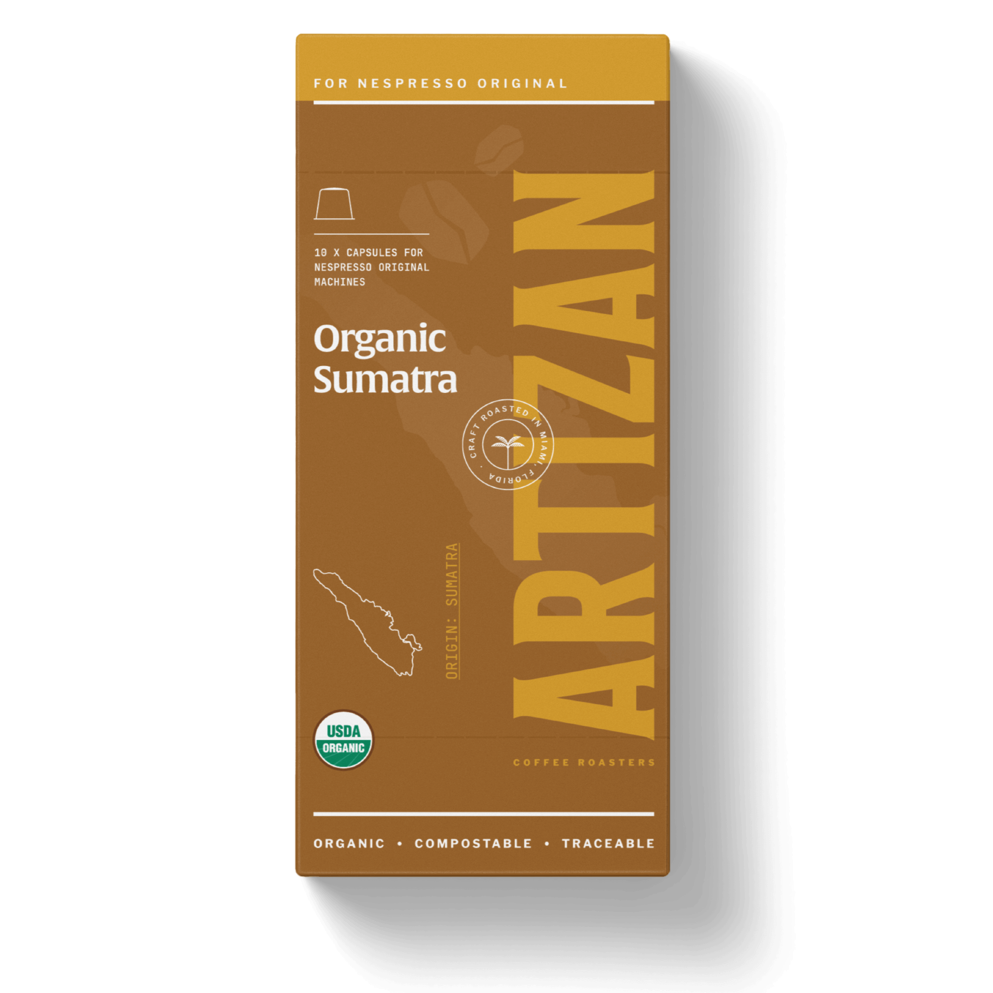 An image of organic sumatra packaging for home compostable coffee pods for nespresso original machines.