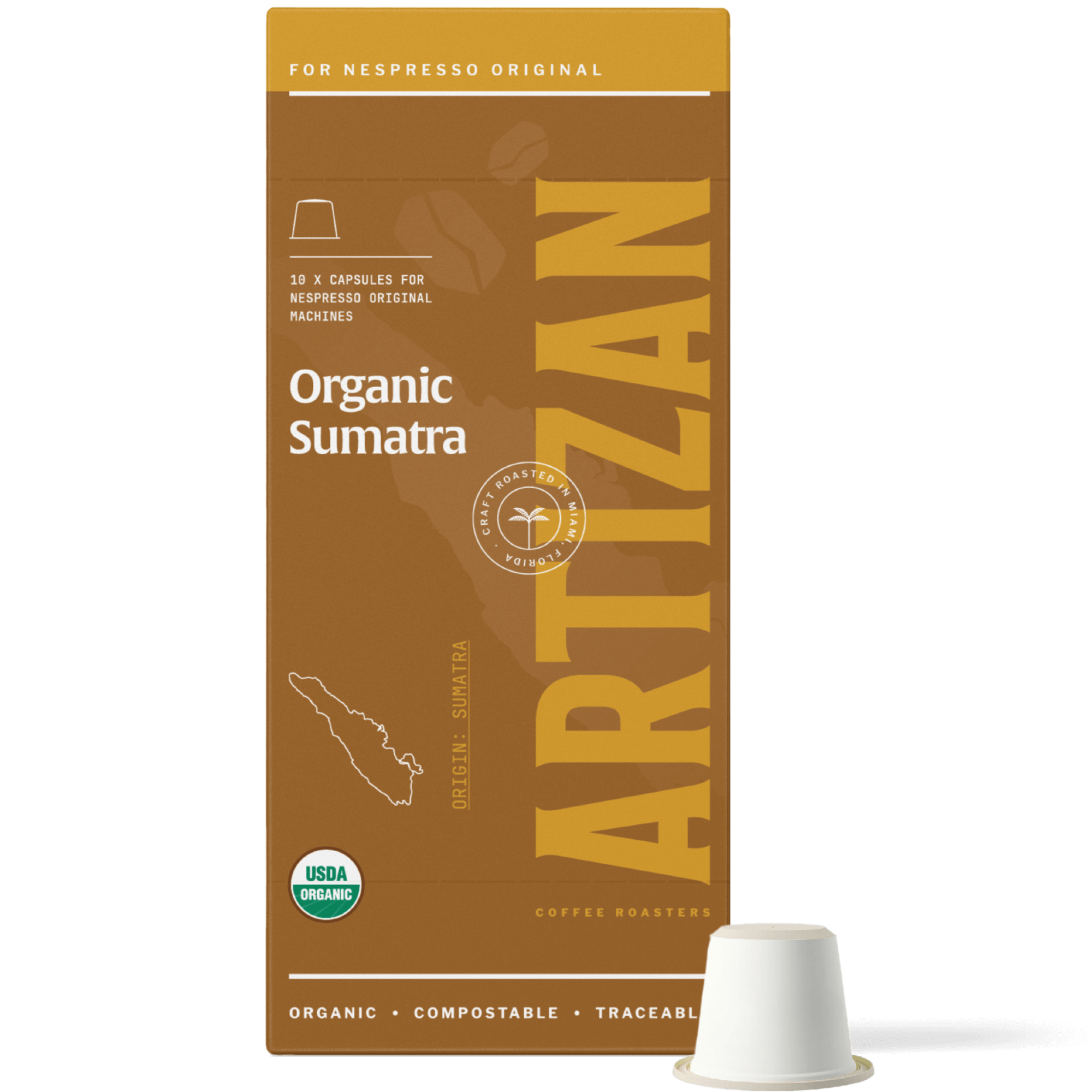 Image of Organic Sumatra's front packaging for Home Compostable Pods Nespresso Original Machines.