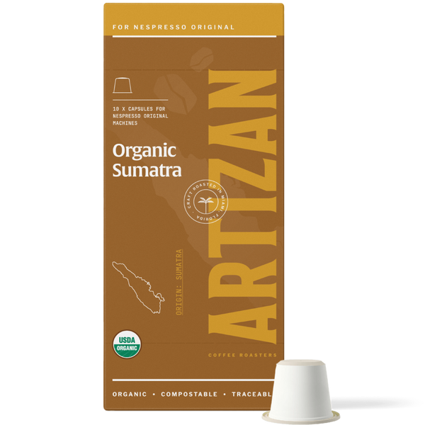 Image of Organic Sumatra's front packaging for Home Compostable Pods Nespresso Original Machines.