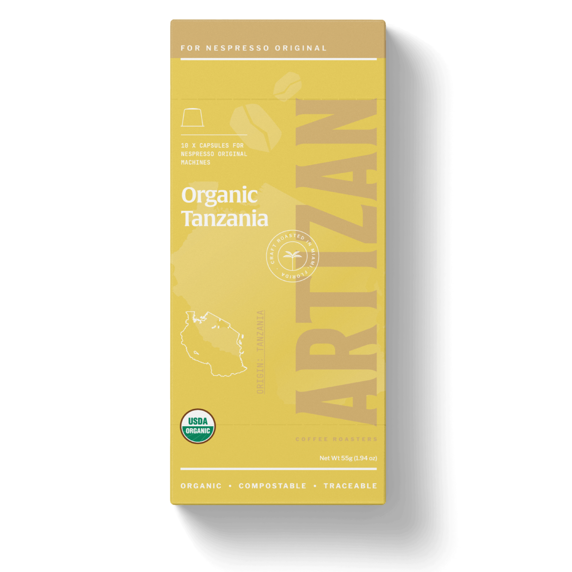 An image of front of packaging of Artizan Coffee's Organic Tanzania Single Origin Home Compostable Pods for Nespresso Original Machines.