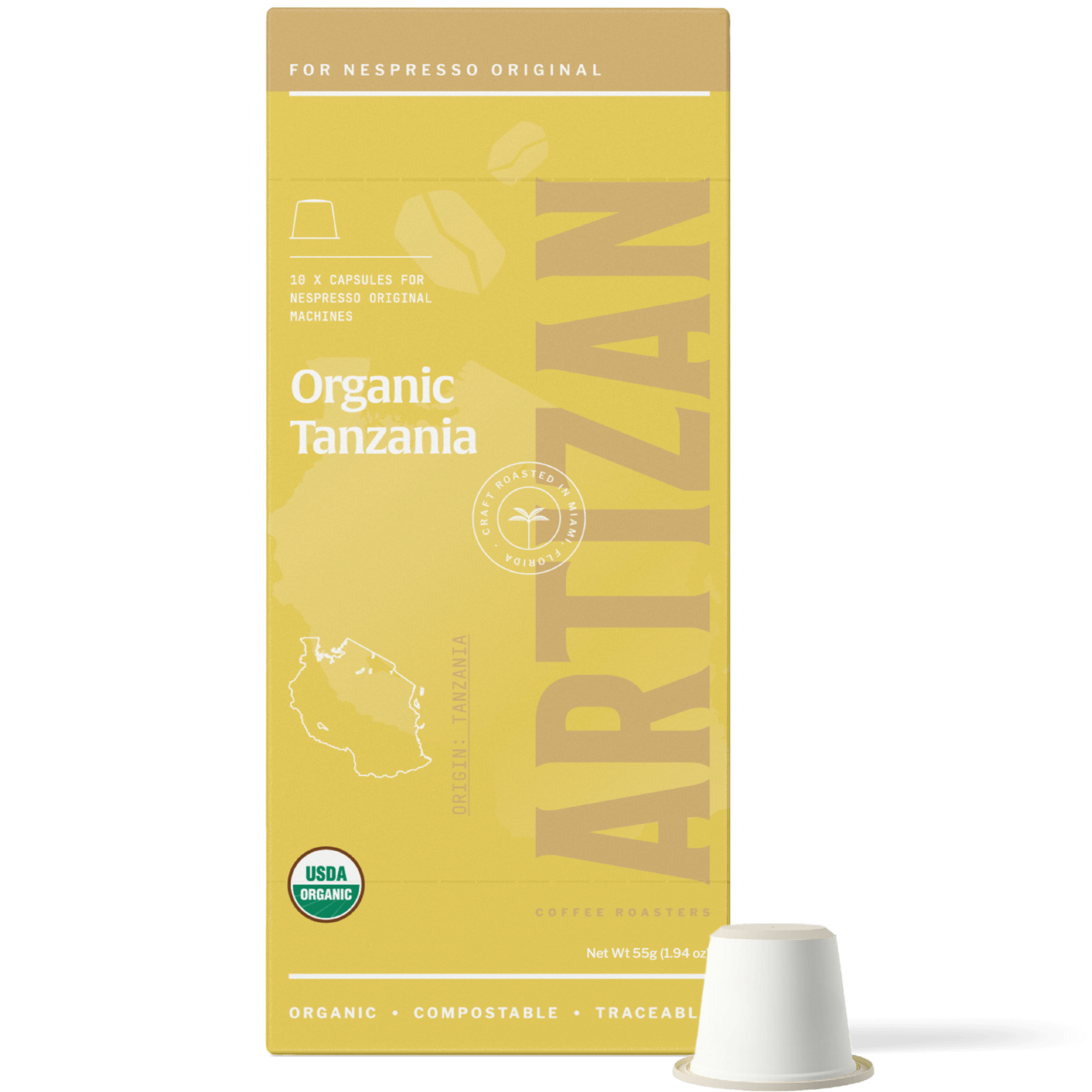 Front Image of Packaging of Artizan Coffee's Organic Tanzania Single Origin Home Compostable  Nespresso Pods for Original Machines. 