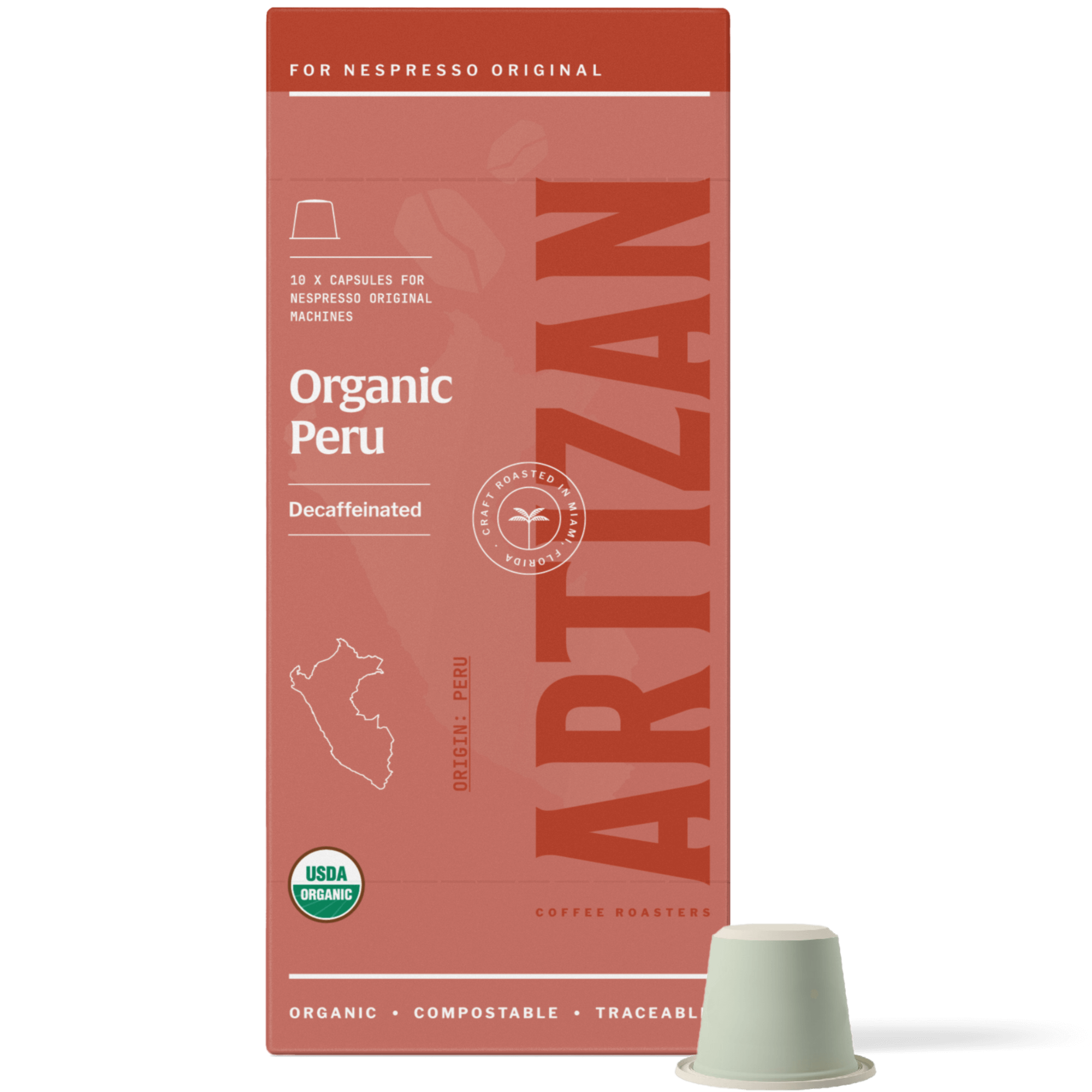 Image of Organic Peru Decaf Nespresso Pods for Original Machines with Capsule Beside It. 