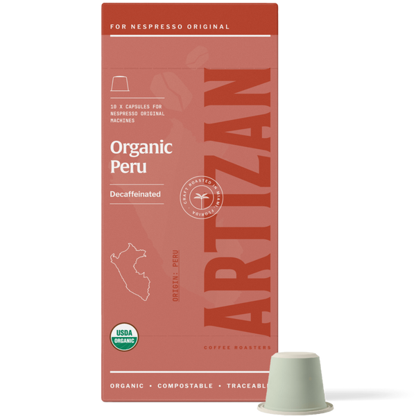 Image of Organic Peru Decaf Nespresso Pods for Original Machines with Capsule Beside It. 
