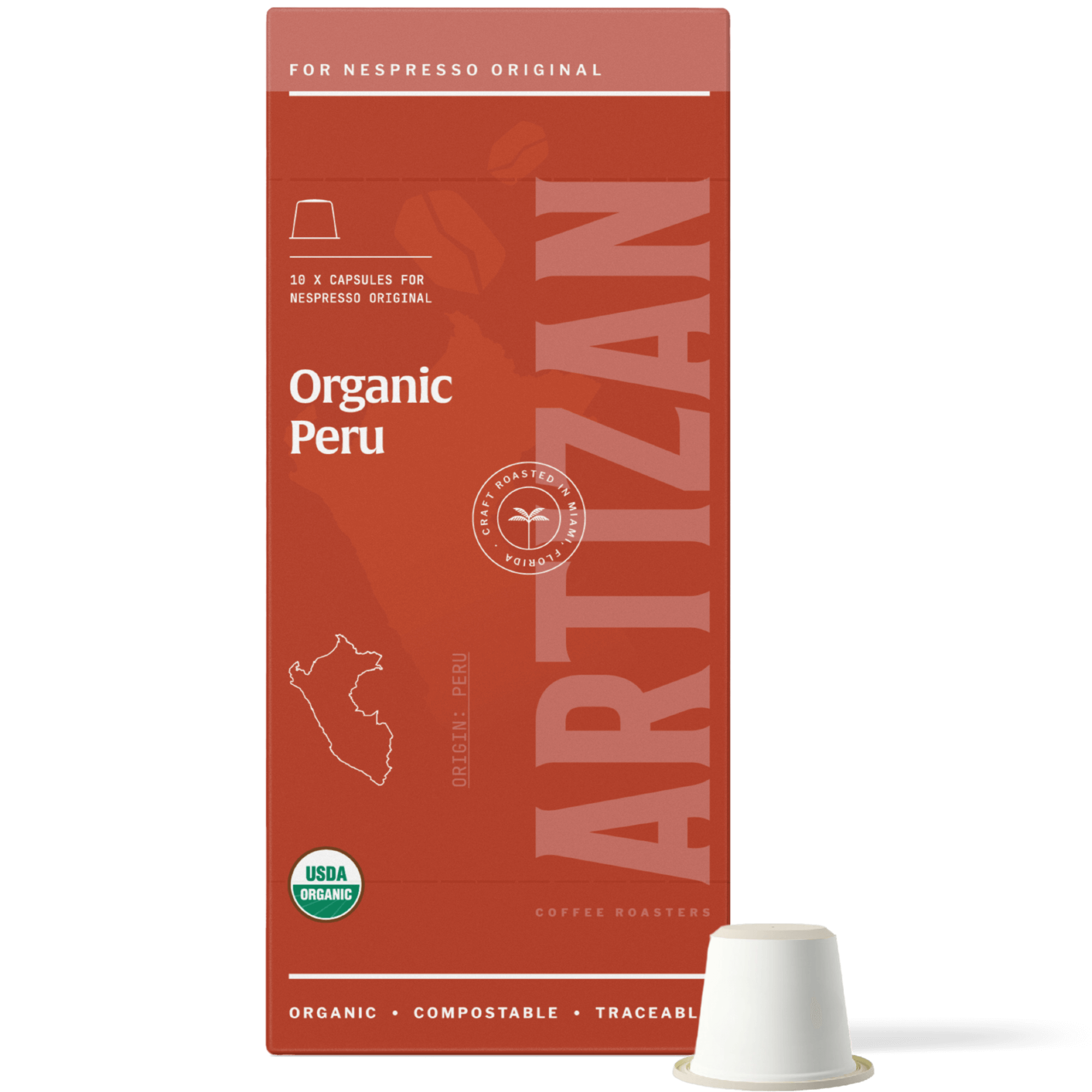 Image of Organic Peru Nespresso Pods for Original Machines with Capsule Beside It. 