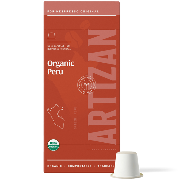 Image of Organic Peru Nespresso Pods for Original Machines with Capsule Beside It. 