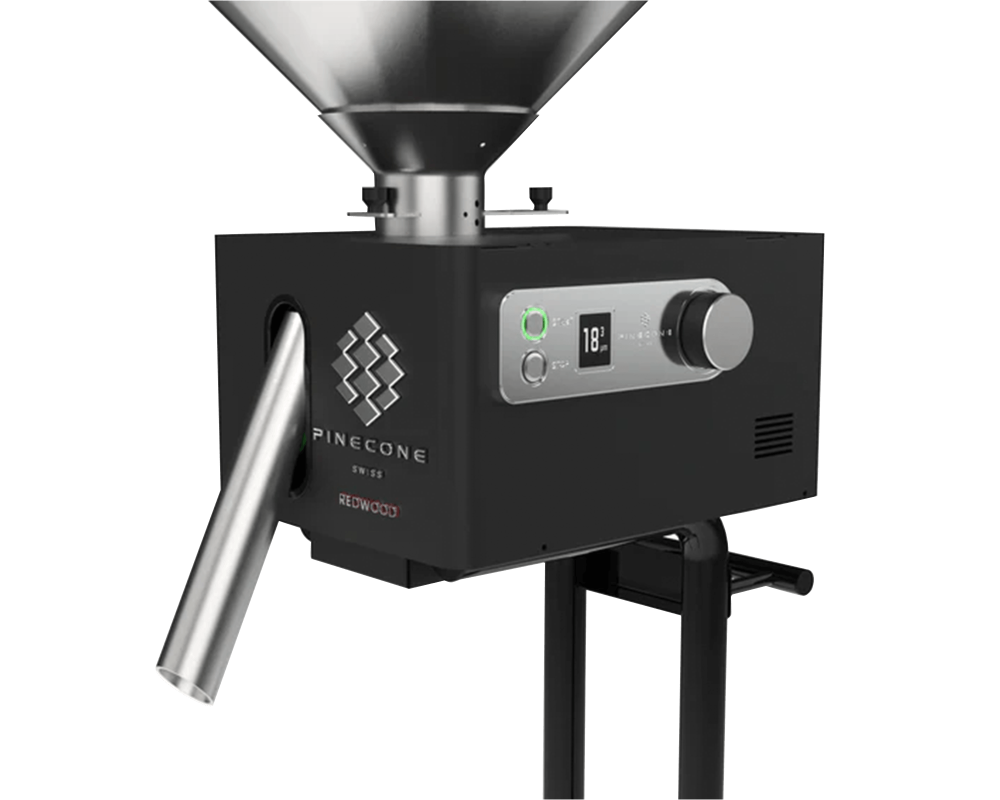 Pinecone Redwood industrial coffee grinder front angle view with dosing chute