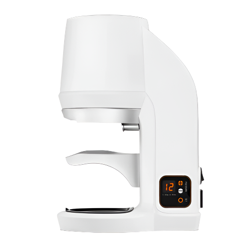 Puqpress Q1 Automatic Coffee Tamper in white, side view with digital control panel