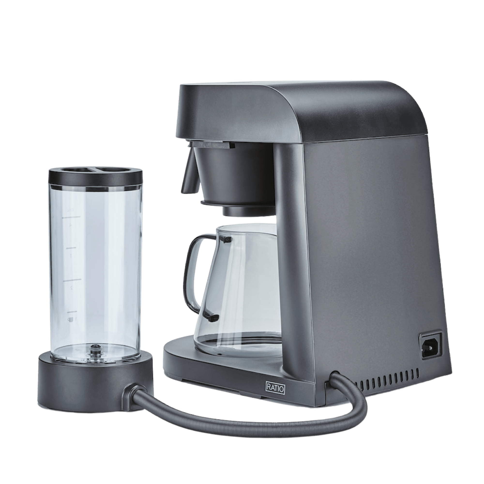 Ratio Four Coffee Machine—sleek Ratio coffee machine in black with clear water jug and hose