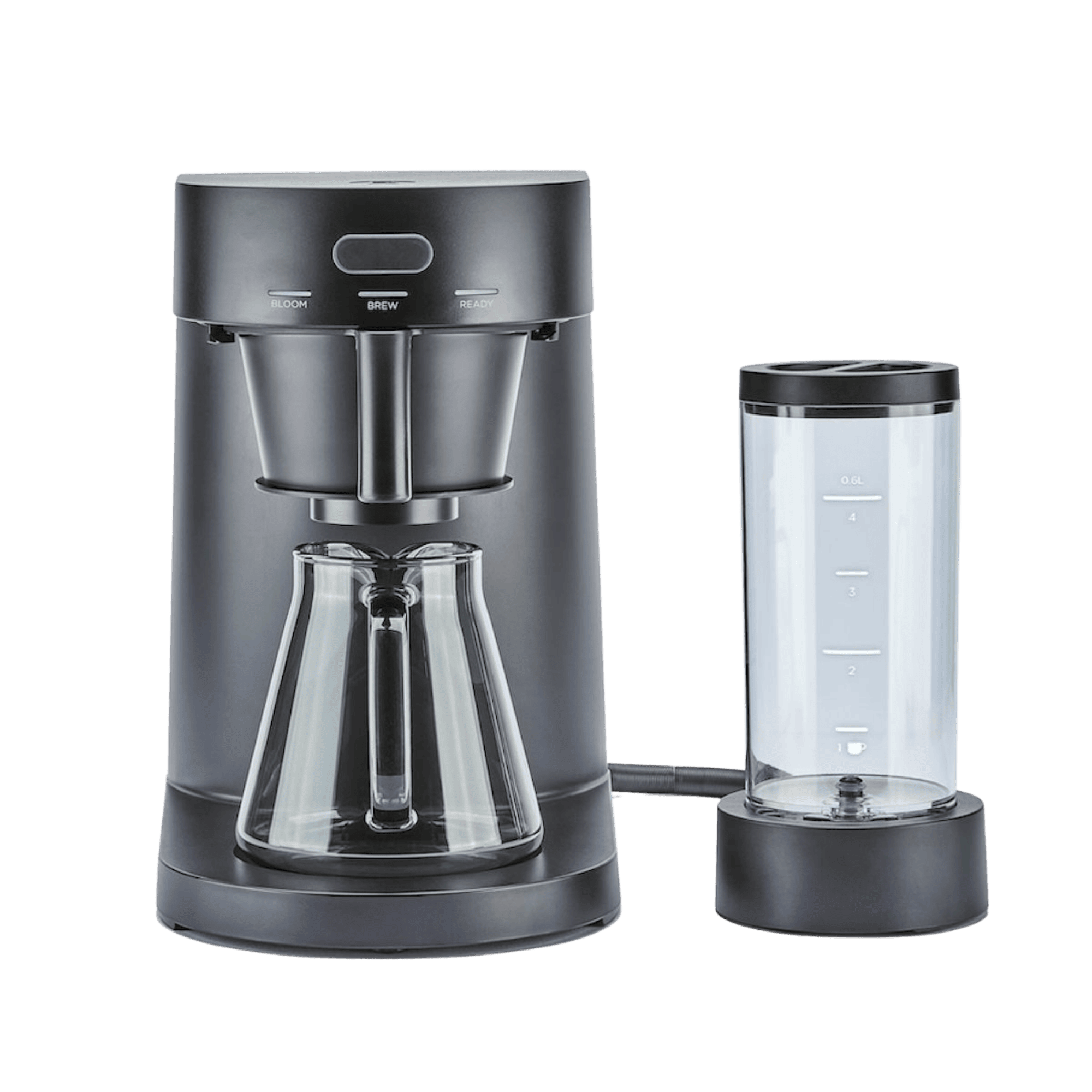 Ratio Four Coffee Machine by Ratio coffee machine in modern black with glass carafe and control buttons.