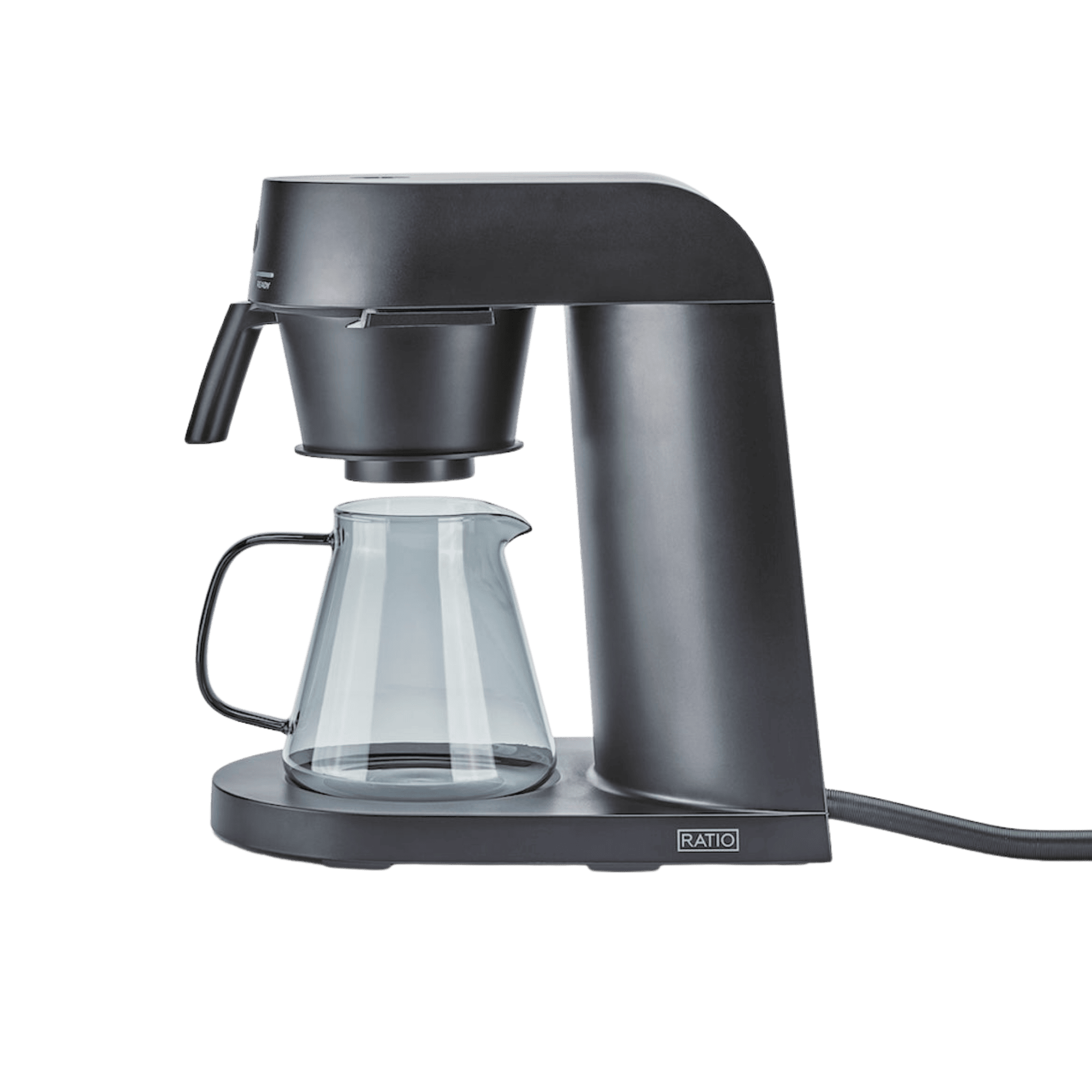 Ratio Four Coffee Machine by Ratio coffee machine in black with clear glass carafe and dispensing spout