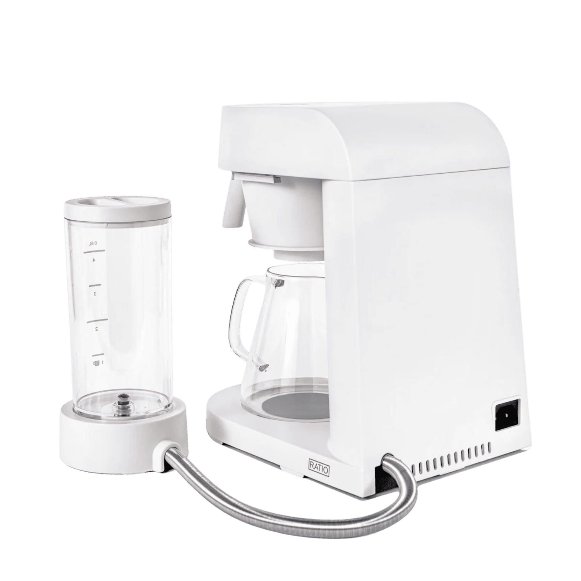 Ratio Four Coffee Machine by Ratio countertop coffee maker in white with glass carafe and exposed tube