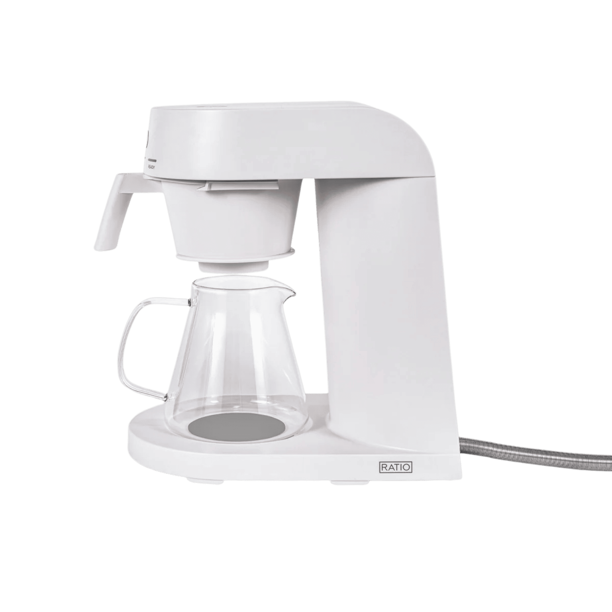 Ratio Four Coffee Machine by Ratio countertop coffee machine in white with glass carafe and side hose