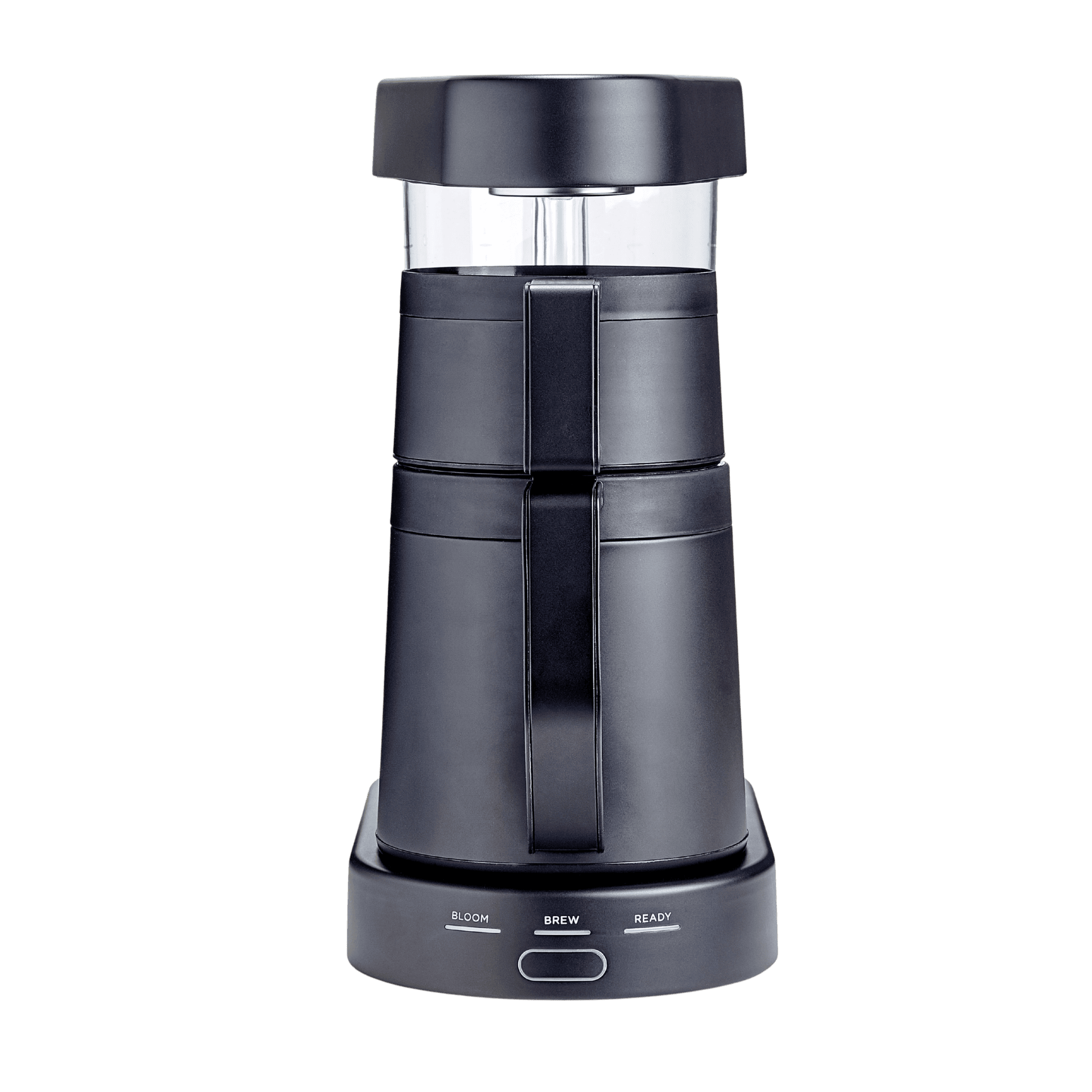 Ratio Six Coffee Machine by Ratio, matte black coffee machine with Bloom Brew Ready button controls.