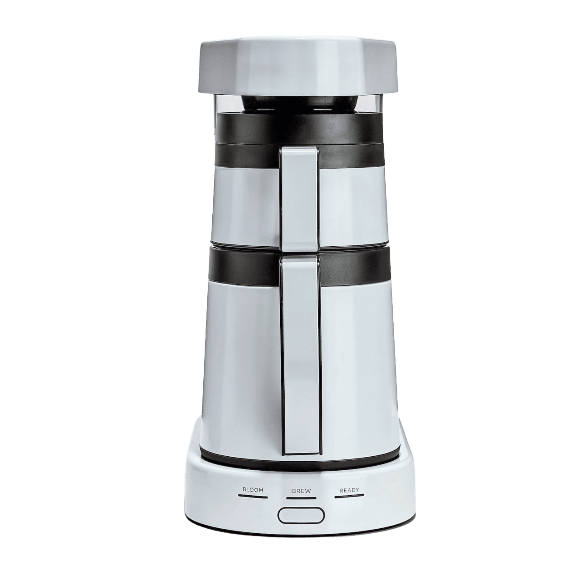 Ratio Six Coffee Machine by Ratio, matte black filter coffee maker with 'Bloom Brew Ready' control buttons.