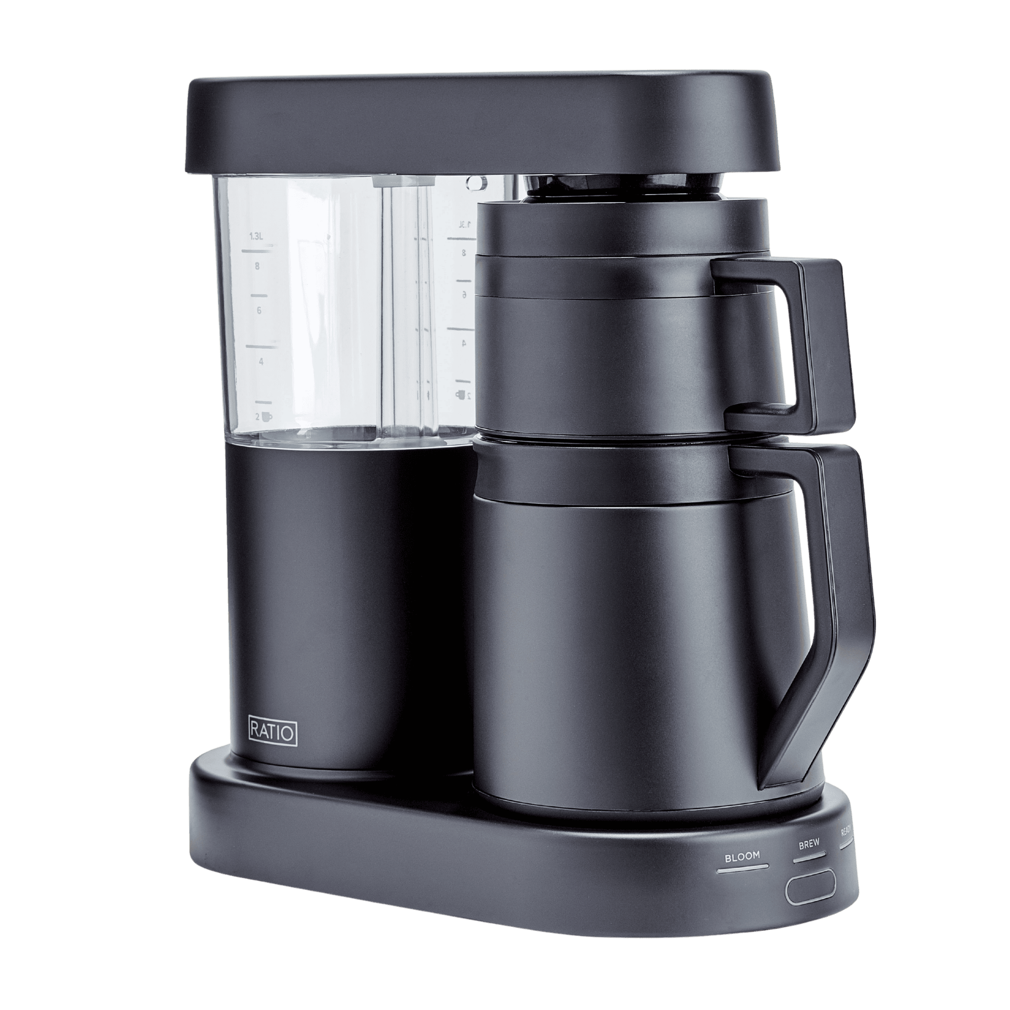 Ratio Six Coffee Machine by Ratio, matte black with clear water tank and level markings, counter coffee brewer