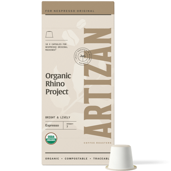 Image of Organic Rhino Project Nespresso Pods for Original Machines with Capsule Beside It. 
