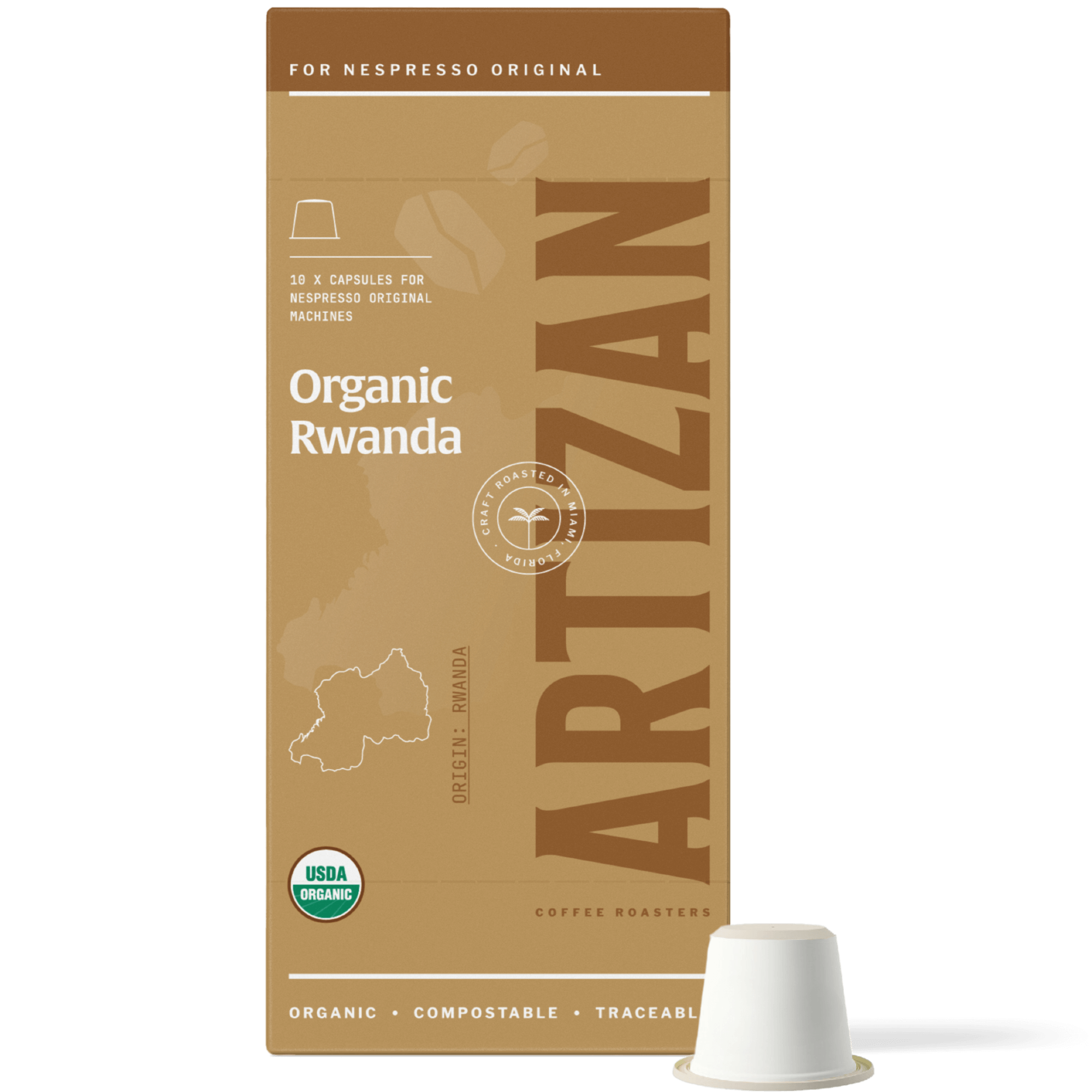 Image of Organic Rwanda packaging with Home Compostable Capsule beside it. 