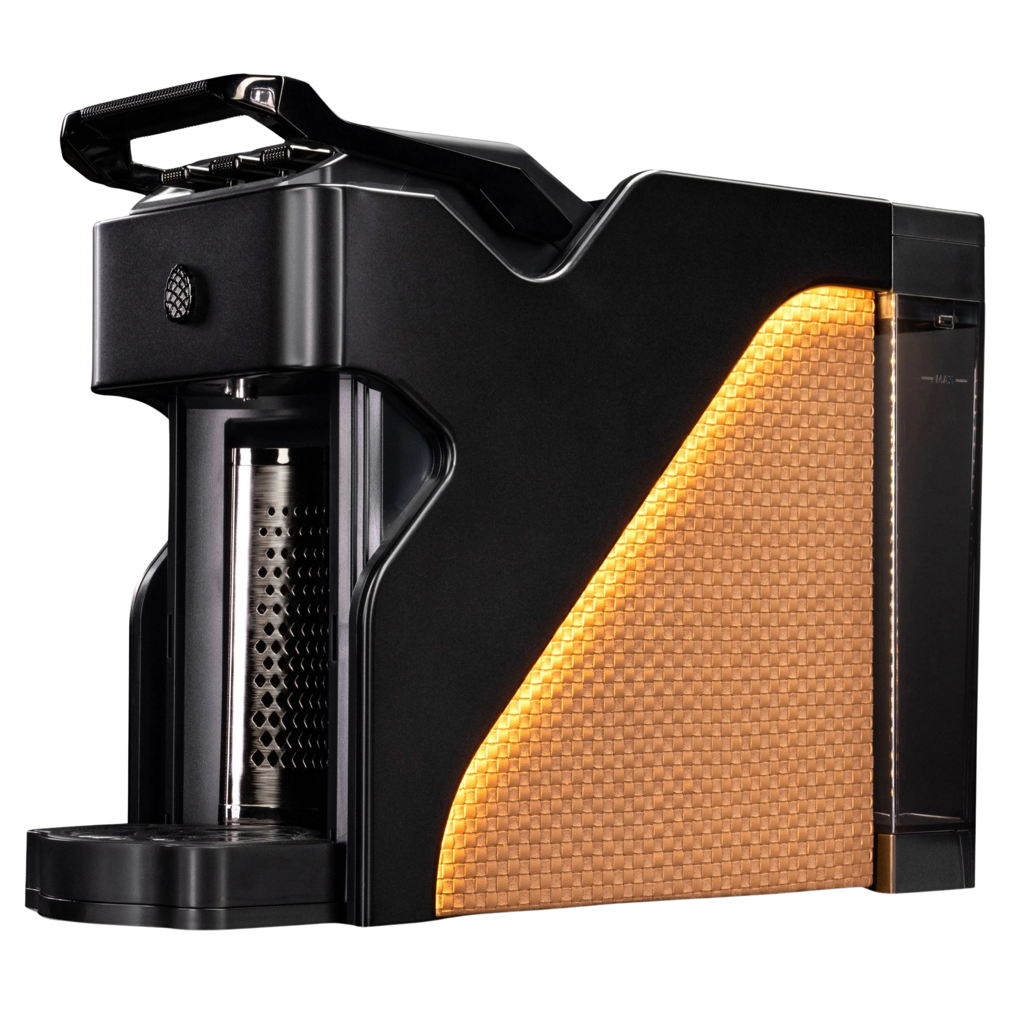 Milton Coffee Line1 Nespresso Compatible Brewer in Satin Black & Saddle – three-quarter view