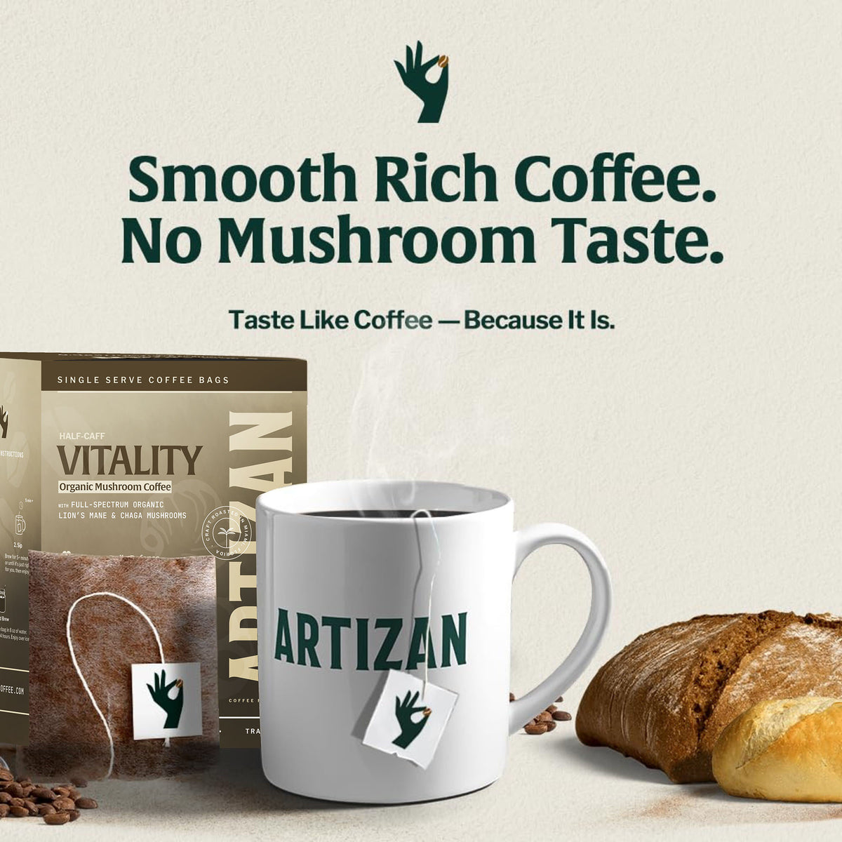 Organic Mushroom Coffee single-origin specialty coffee singles 5-pack, front view