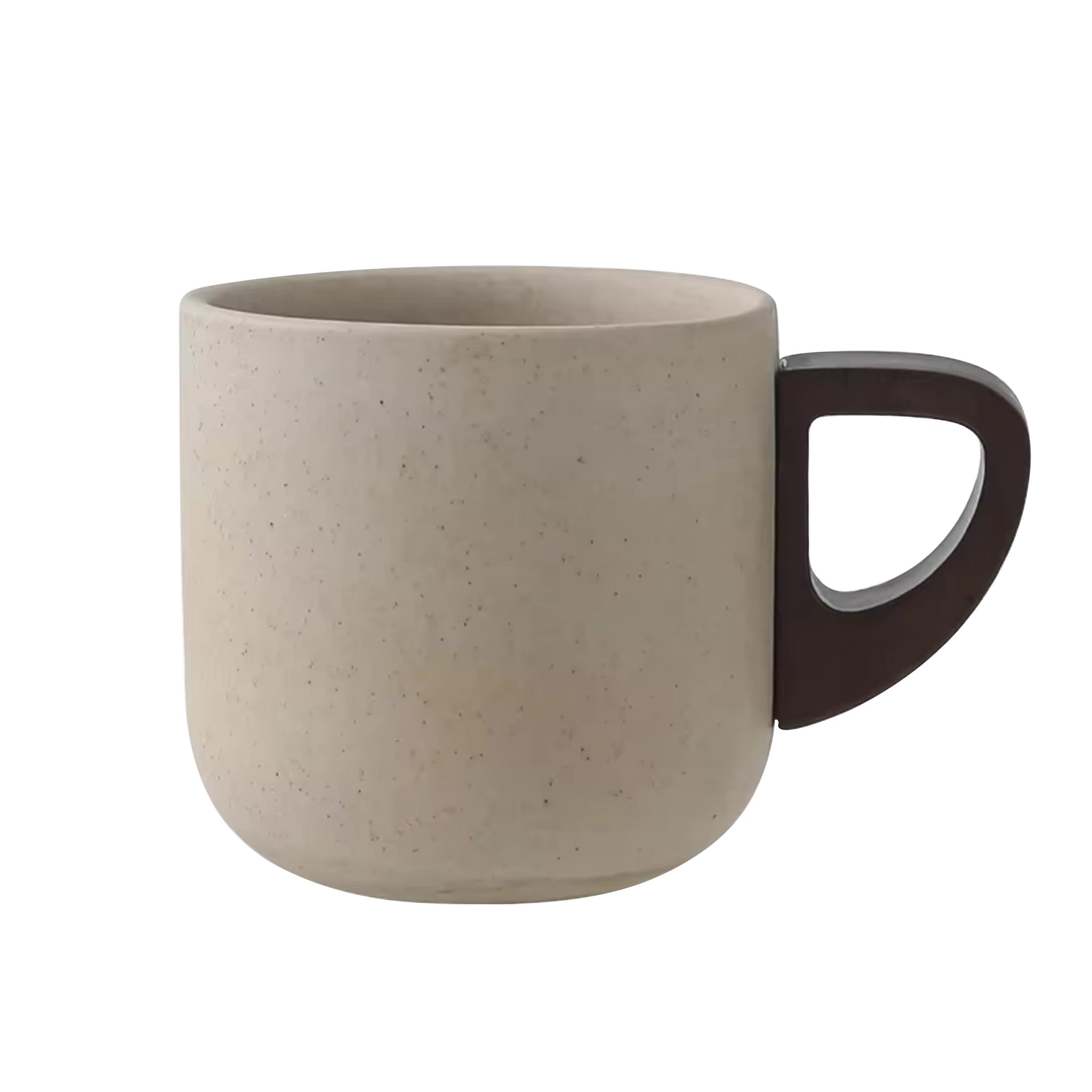 Cream ceramic mug with a dark handle, perfect for coffee or tea, modern design and durable material.