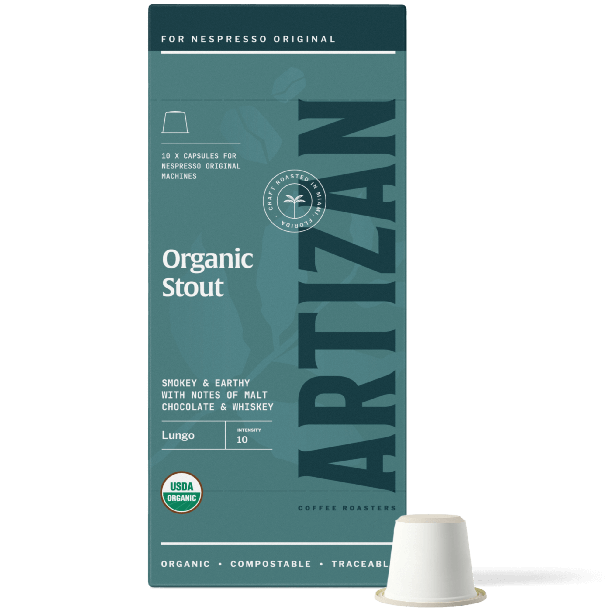 Image of Organic Stout Nespresso Original-Line Machine Pods Packaging with Capsule Beside It. 