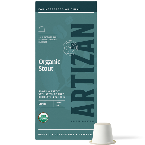 Image of Organic Stout Nespresso Original-Line Machine Pods Packaging with Capsule Beside It. 