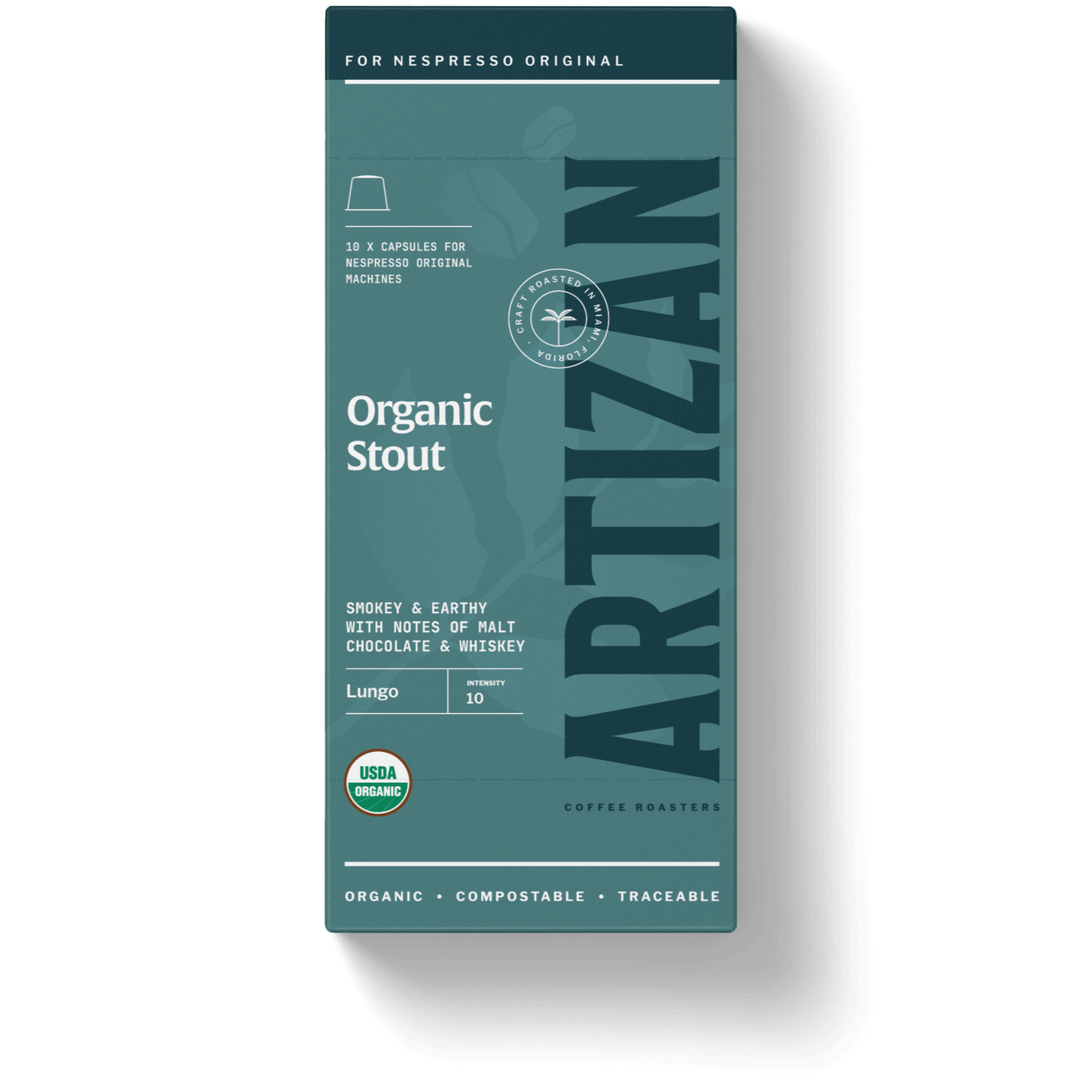 Front Image of Organic Stout Nespresso Pods for Original Line Machines. 