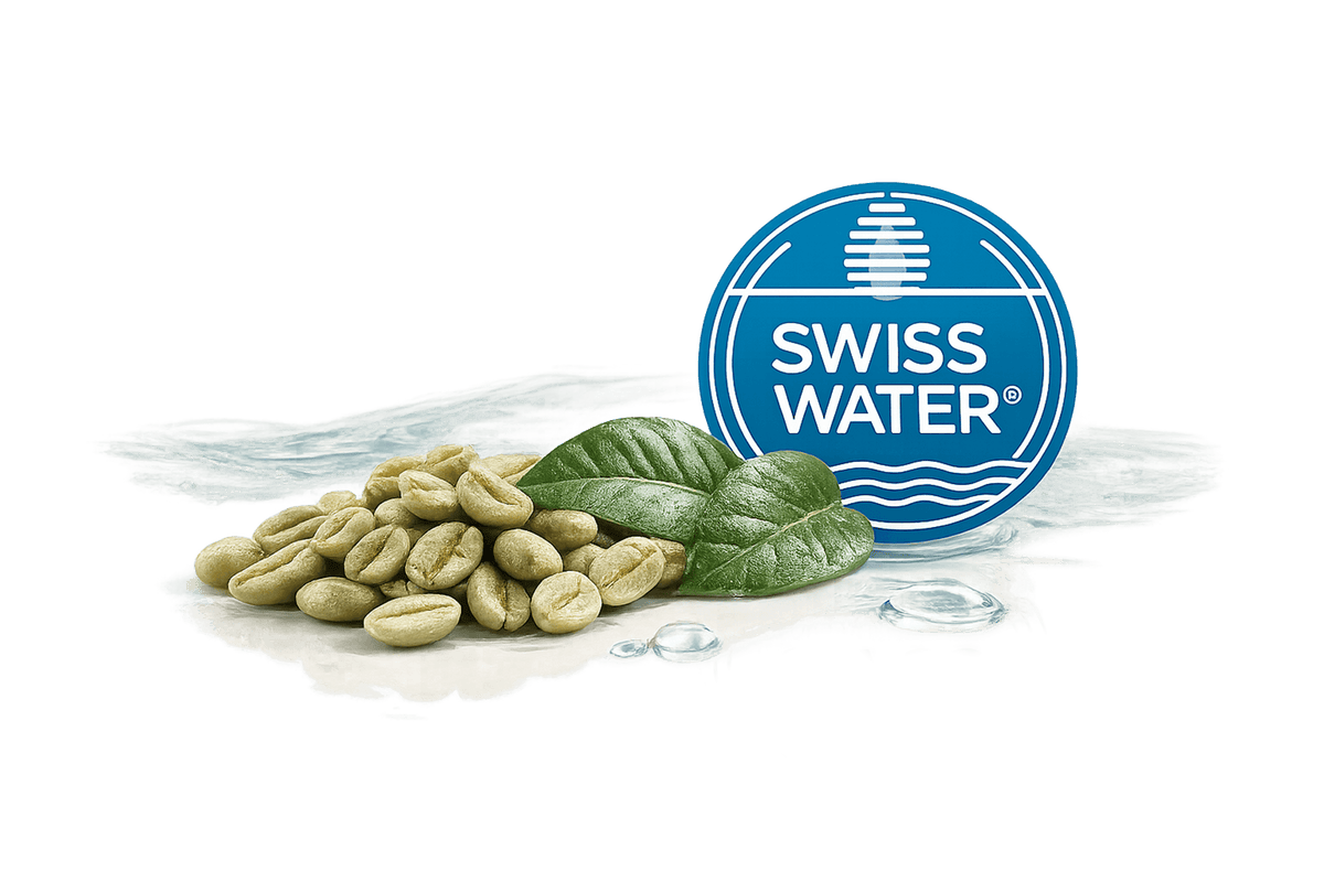 Green unroasted coffee beans with fresh leaves and water droplets beside the Swiss Water® certified decaffeination logo