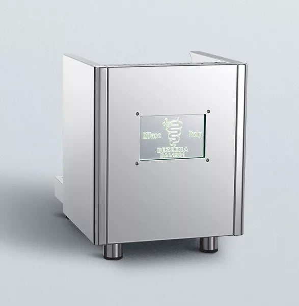 Back view Bezzera Duo MN espresso machine with stainless steel body, boxy design, short legs.