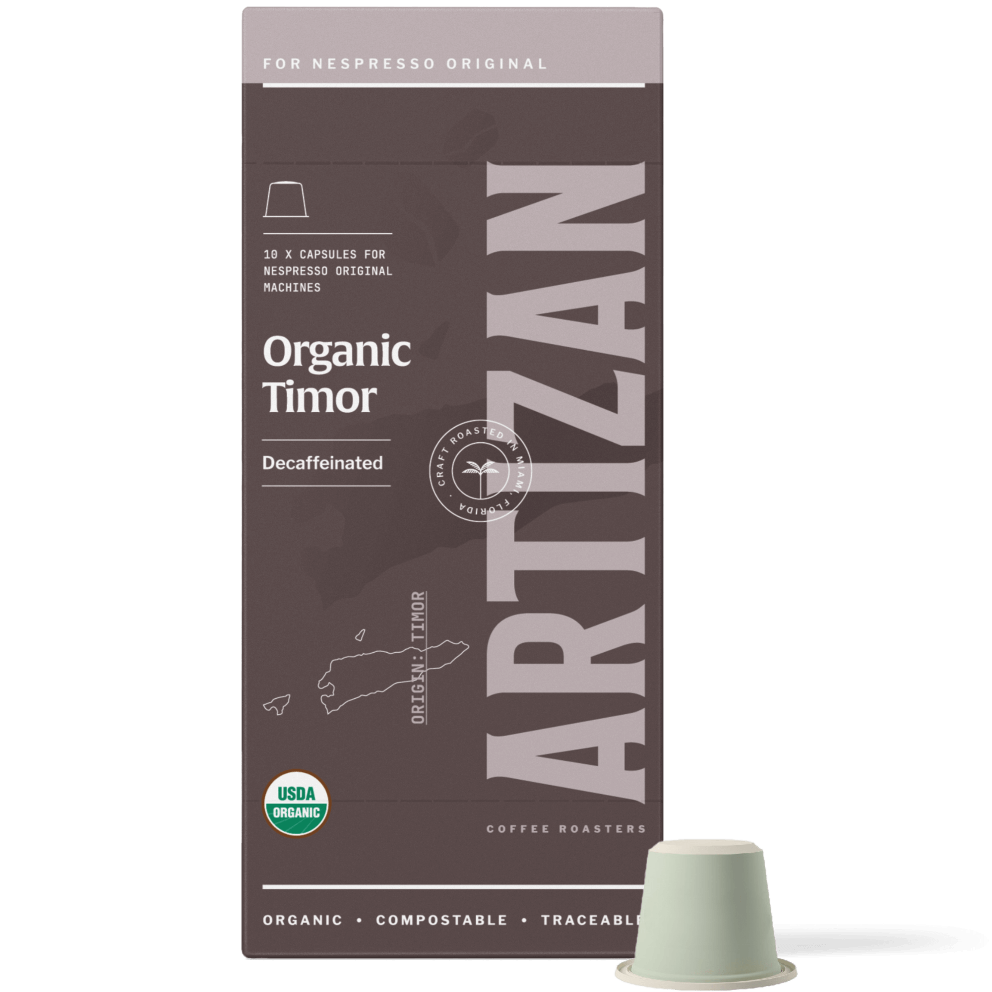 Front image of Organic Timor Decaf Nespresso-compatible compostable pods for Original machines, with a capsule placed beside it.