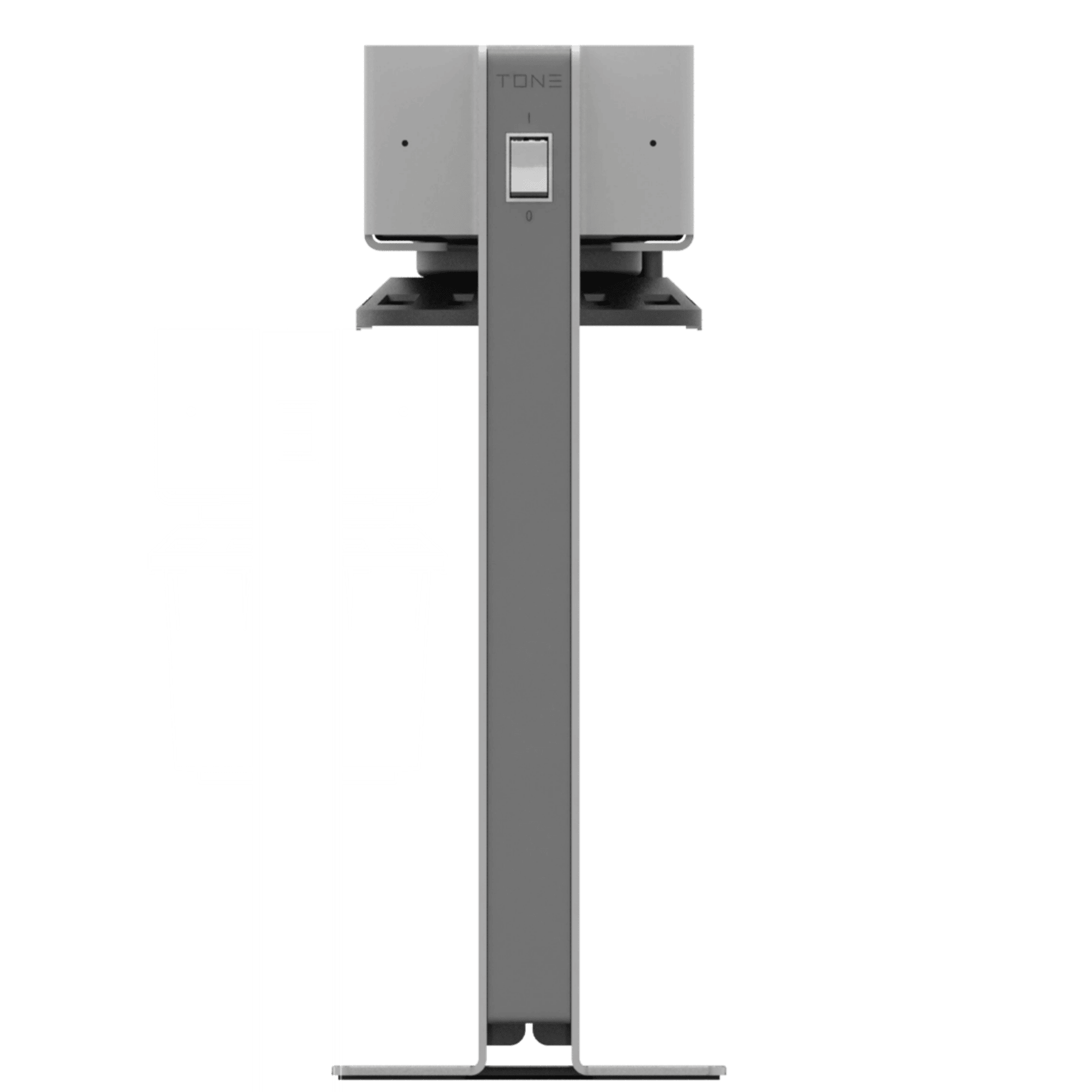 Rear view of TONE Touch 04 boilerless coffee brewer showing stainless steel back panel, power cable port, water inlet connection, and rear ventilation slots for maintenance access.