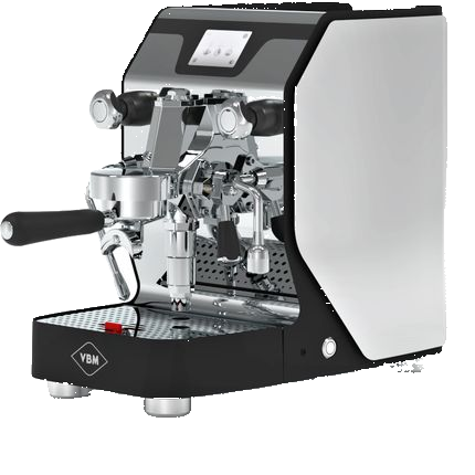 Angled Front left side image of VBM Domobar Super Digital Dual Boiler espresso machine in black stainless steel finish.
