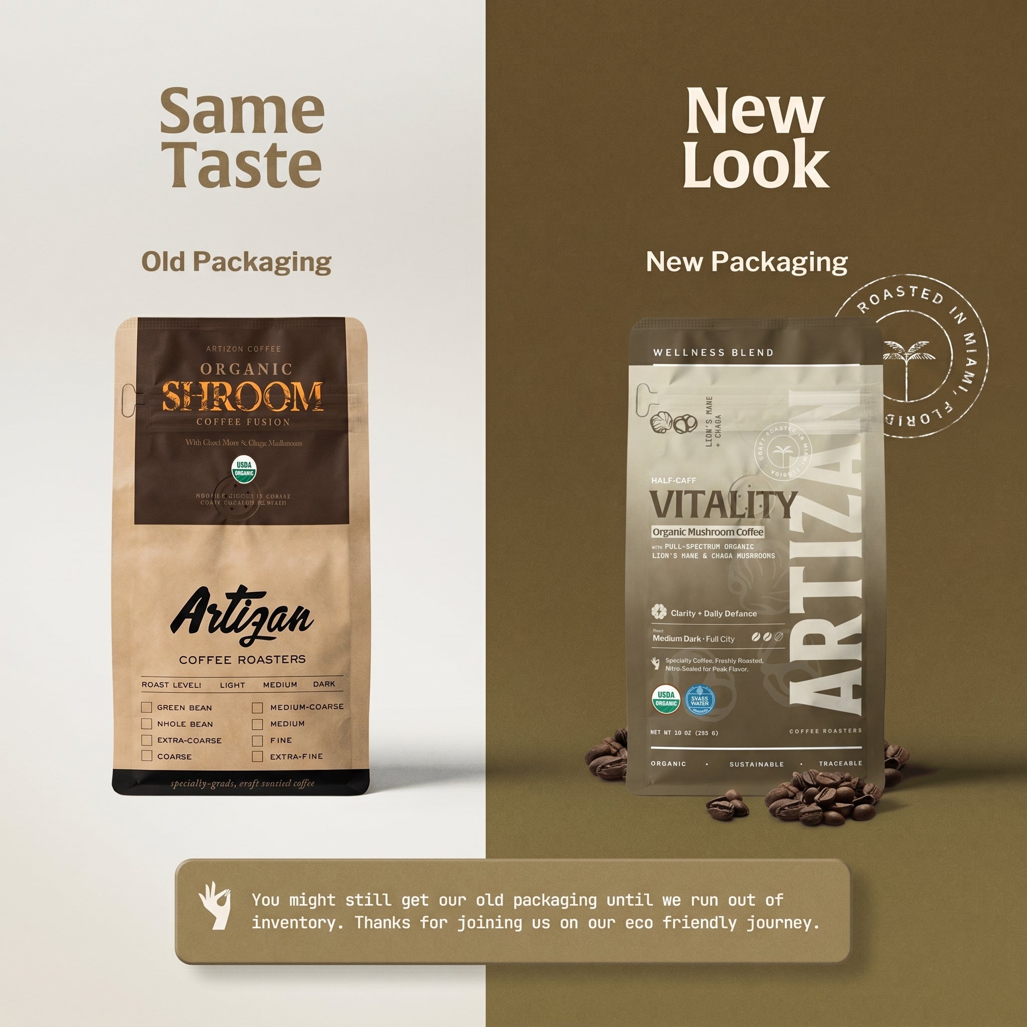 Image of Old and New Packaging of Organic Vitality Mushroom  Coffee Whole Bean and Ground from Artizan Coffee Roasters.